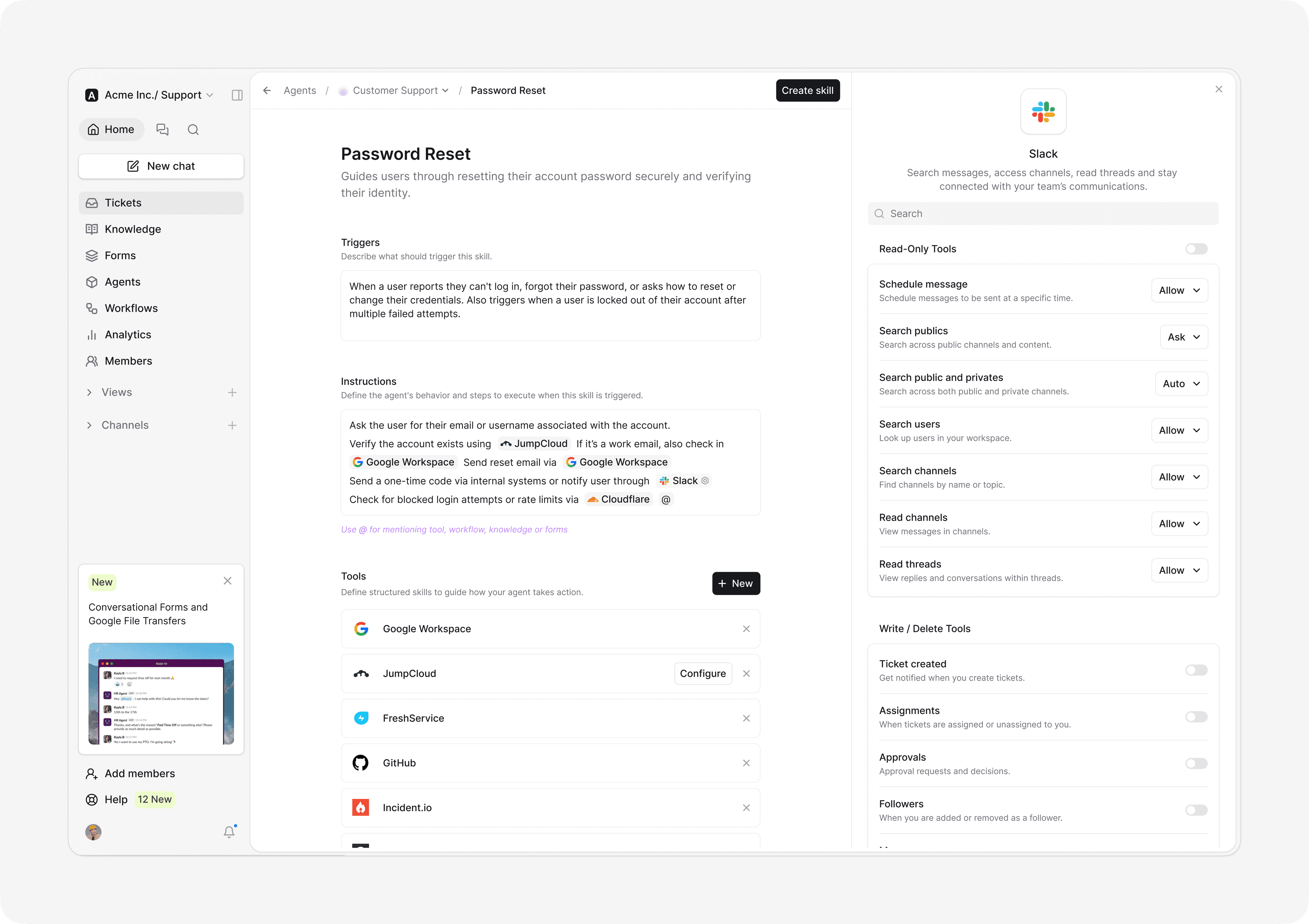 Ravenna skill builder for password reset with tool permissions and Slack integration settings.